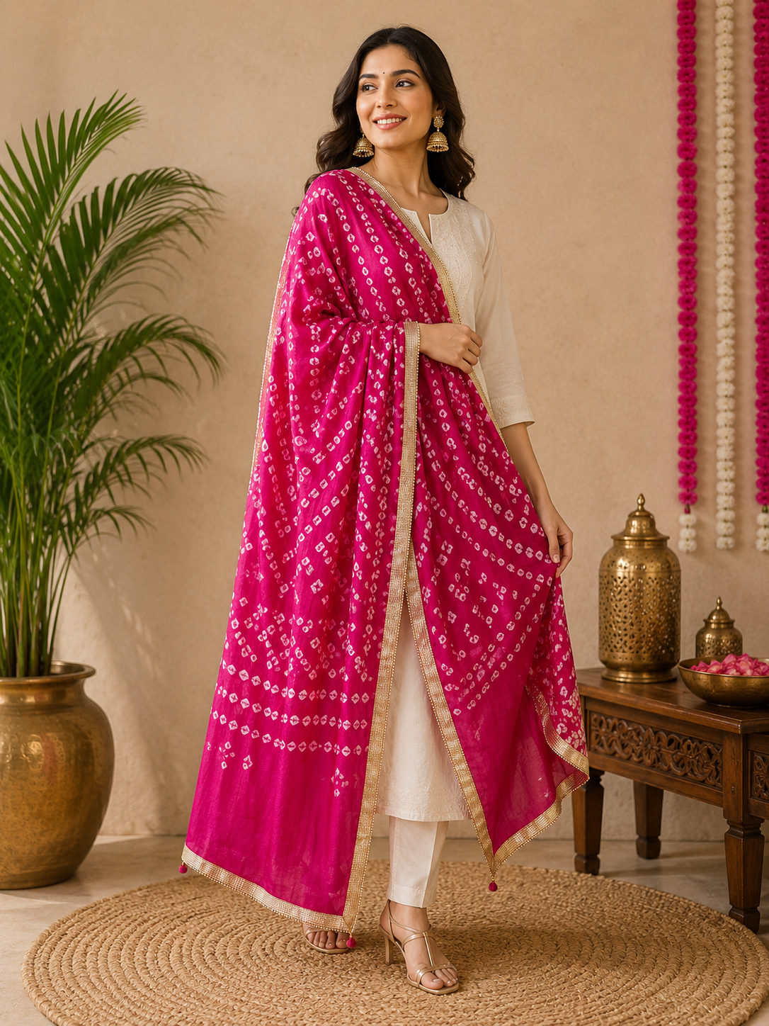 Women's Rani Pink Bandhani Printed Dupatta with Golden Border & Tassel Detailing