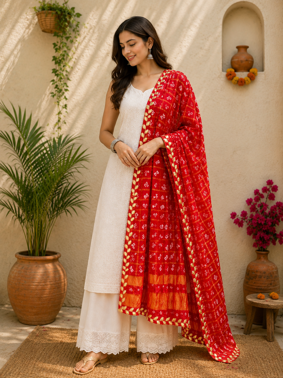 Women's Red Bandhani Printed Dupatta with Golden Lace Border | Ethnic Festive Dupatta