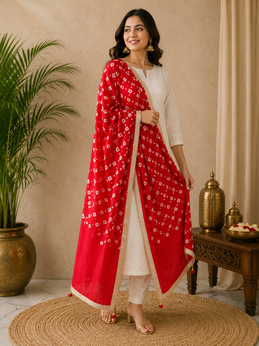 Women's Red Bandhani Printed Dupatta with Golden Border | Traditional Ethnic Dupatta