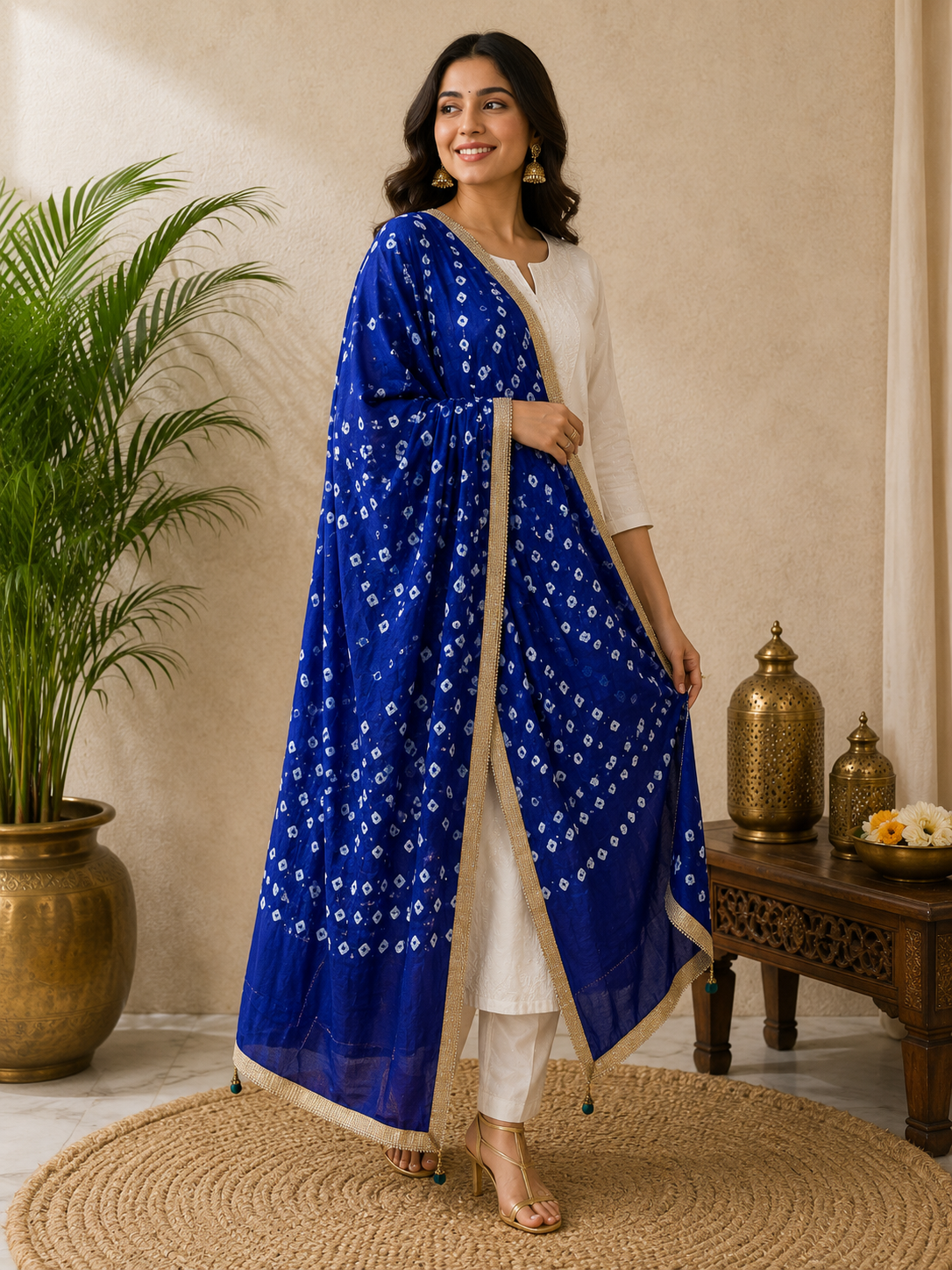 Women's Royal Blue Bandhani Printed Dupatta with Golden Border & Tassel Detailing