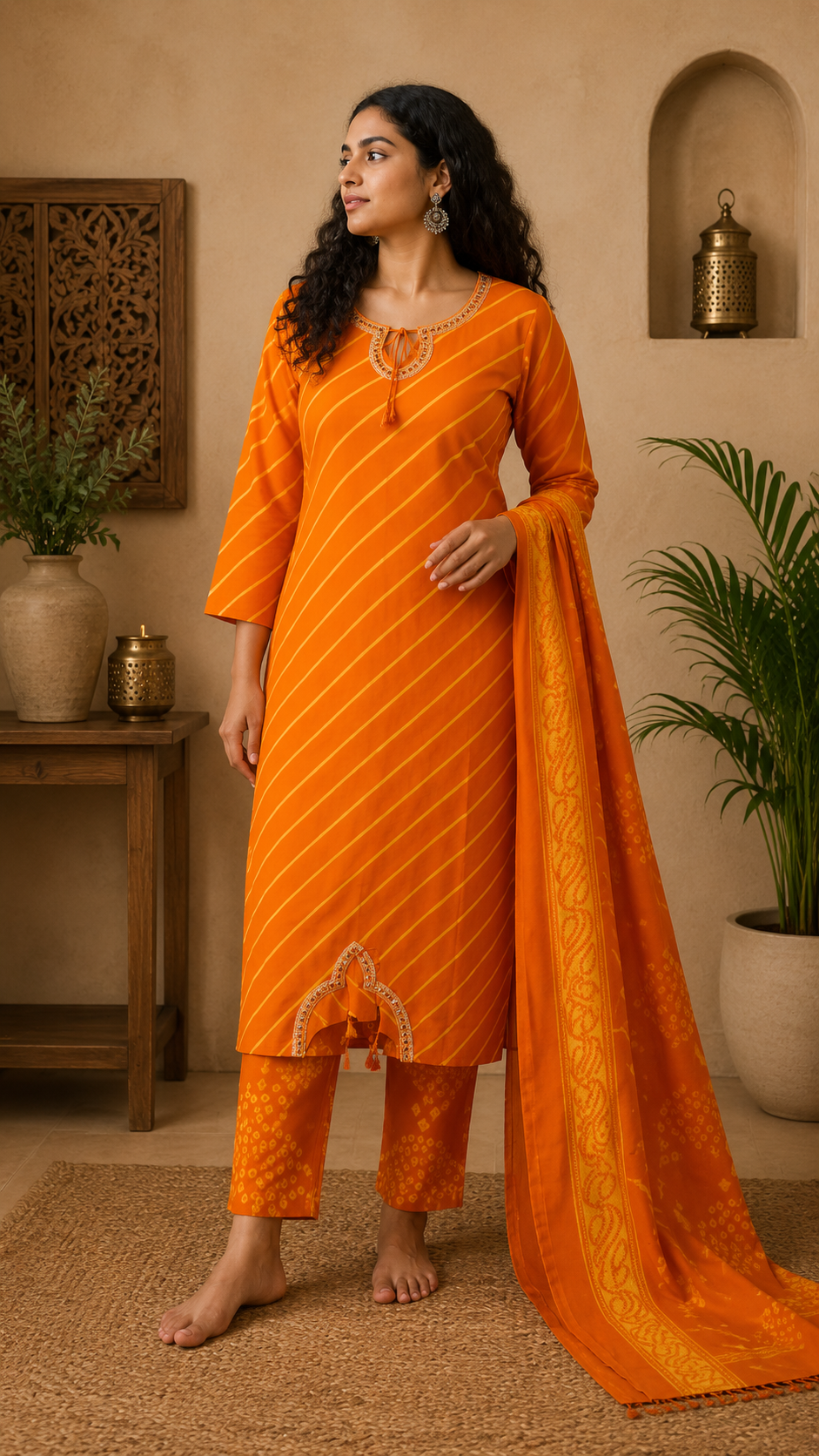 Orange Straight Kurta Pant Set with Dupatta for Women