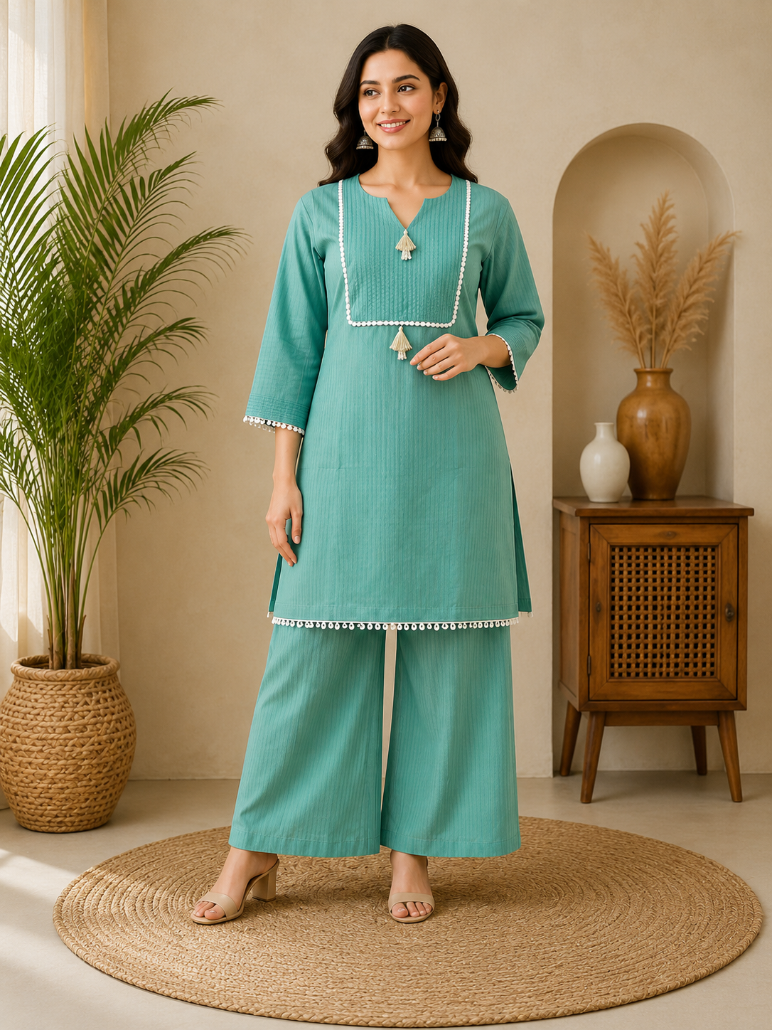 Women's Sea Green Cotton Blend Kurta Palazzo Co-Ord Set | Straight Kurta with Wide Leg Palazzo