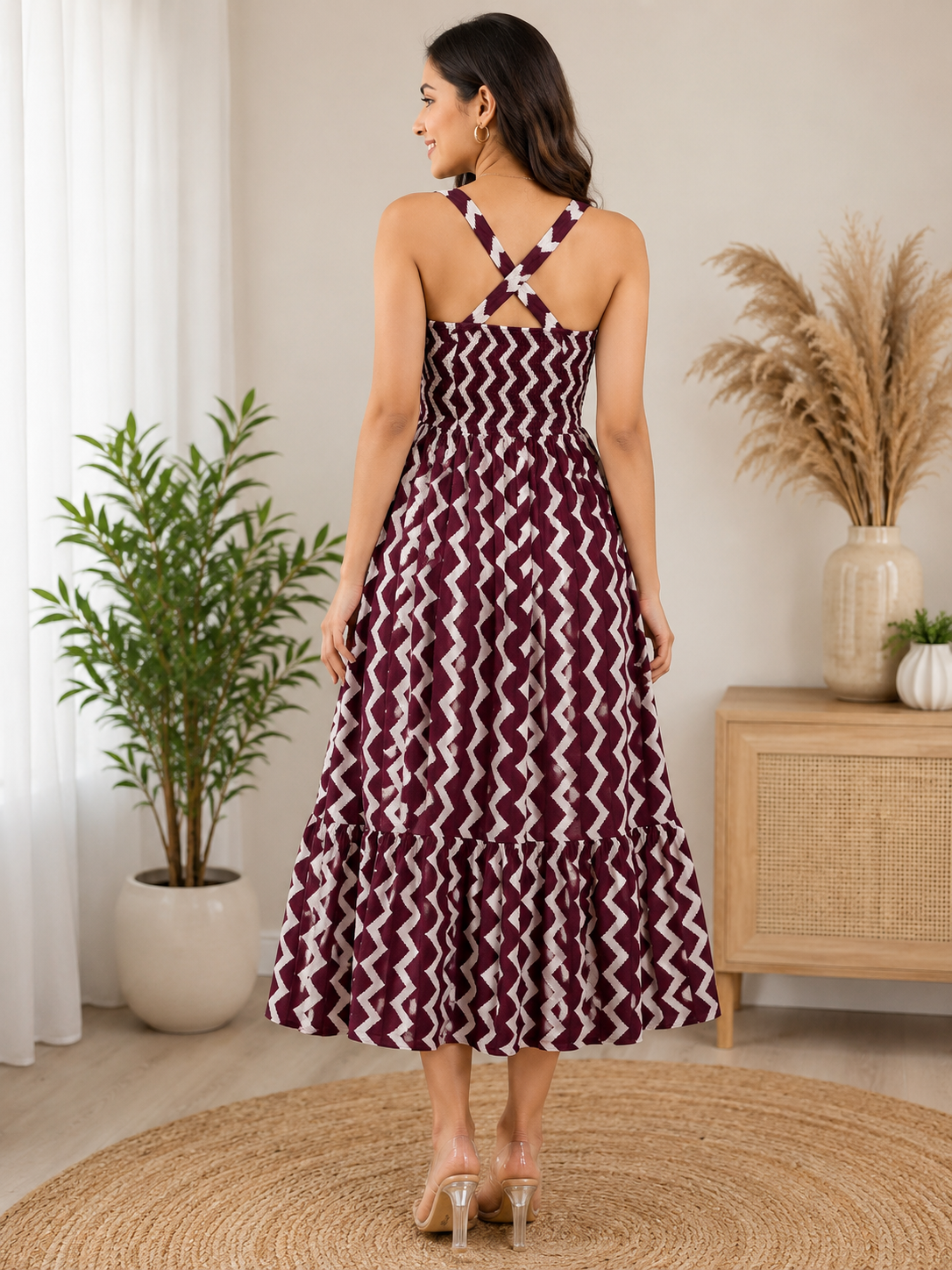 Women's Maroon Zigzag Print Maxi Dress | Stylish Sleeveless Cotton Casual Dress | Savi Sizary