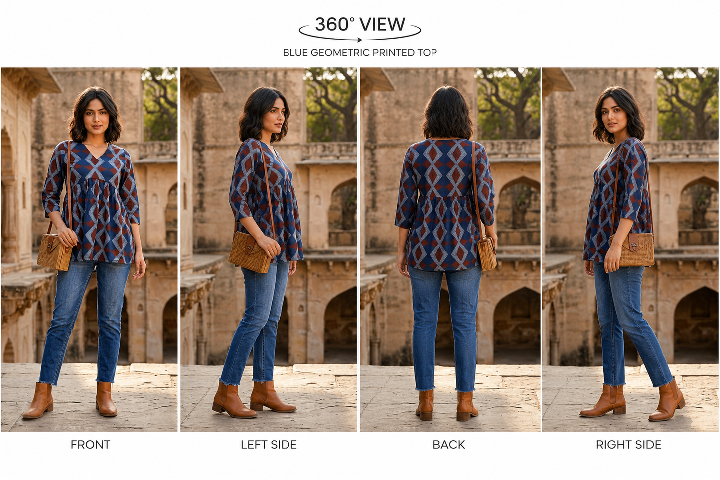 Women's Blue Geometric Printed Rayon Peplum Top | Casual 3/4 Sleeve Tunic