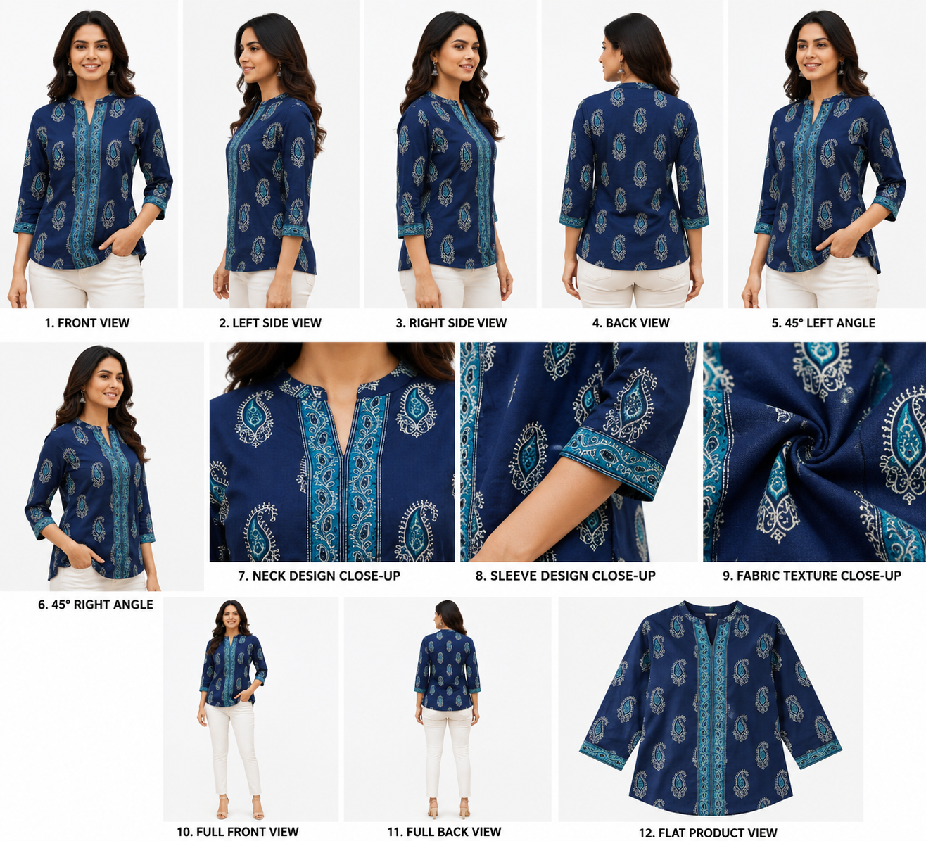 Women's Navy Blue Paisley Printed cotton Top | Mandarin Collar Casual Tunic | 3/4 Sleeves