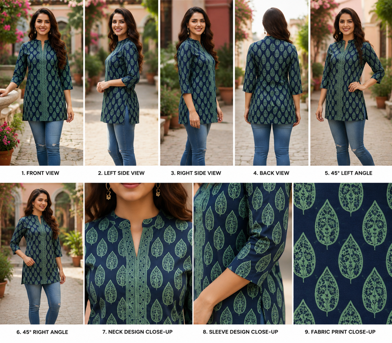 Women's Navy Blue Printed Straight Casual Kurti | 3/4 Sleeves | Cotton Blend