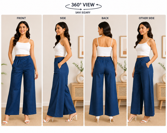 Savi Sizary Women's Blue Denim Wide Leg Palazzo Pants | High Waist Elastic Waist Casual Palazzo | Comfortable Daily, Office & Travel Wear