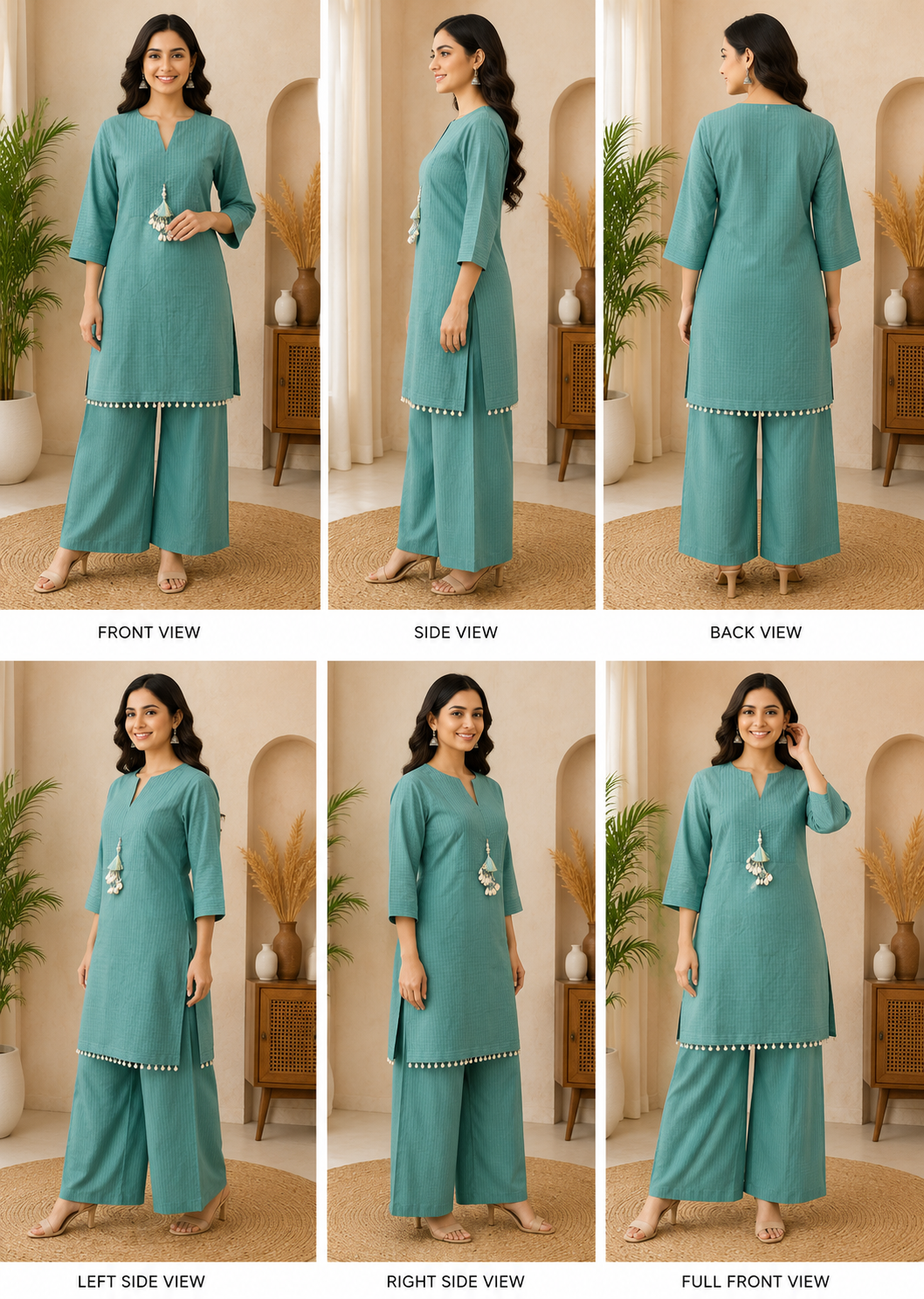 Women's Teal Cotton Blend Kurta Palazzo Co-Ord Set | Elegant Casual & Festive Wear