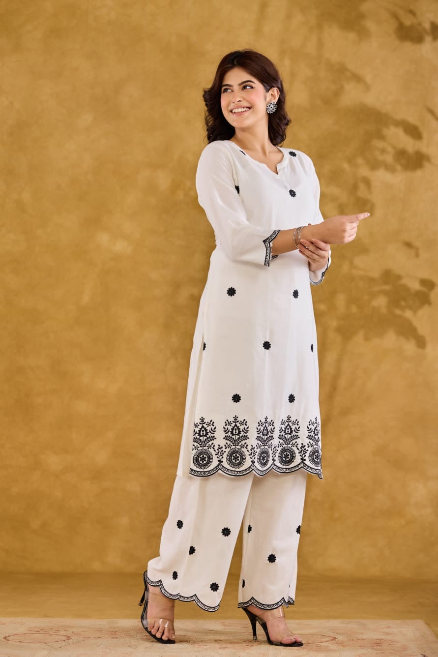 Women's White Embroidered Kurta Palazzo Set | Elegant Ethnic Co-Ord Set