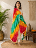 Savi Sizary Women's Multicolor Bandhani Printed Dupatta with Golden Border | Rajasthani Ethnic Dupatta | Festive, Wedding & Traditional Wear