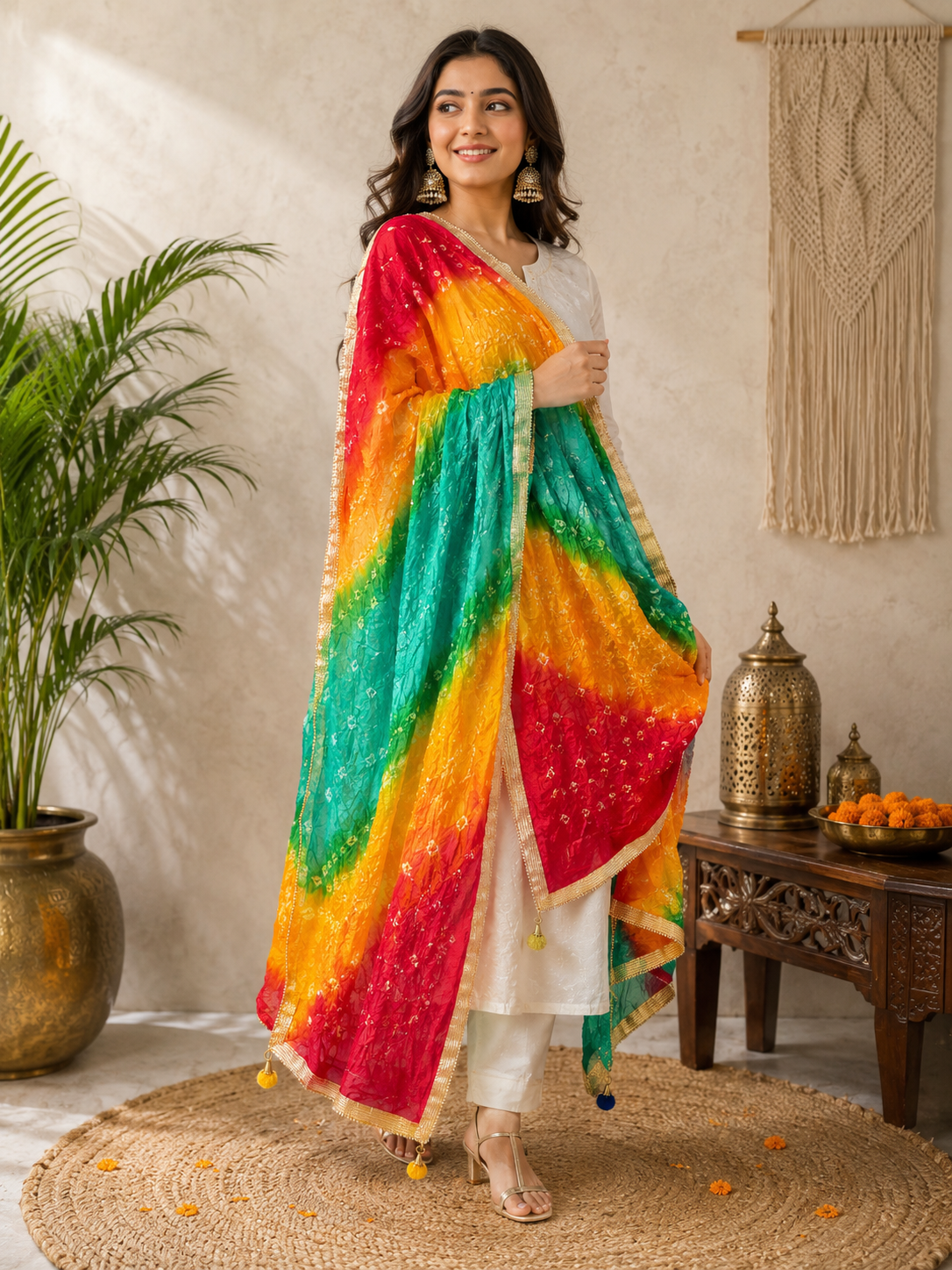 Savi Sizary Women's Multicolor Bandhani Printed Dupatta with Golden Border | Rajasthani Ethnic Dupatta | Festive, Wedding & Traditional Wear