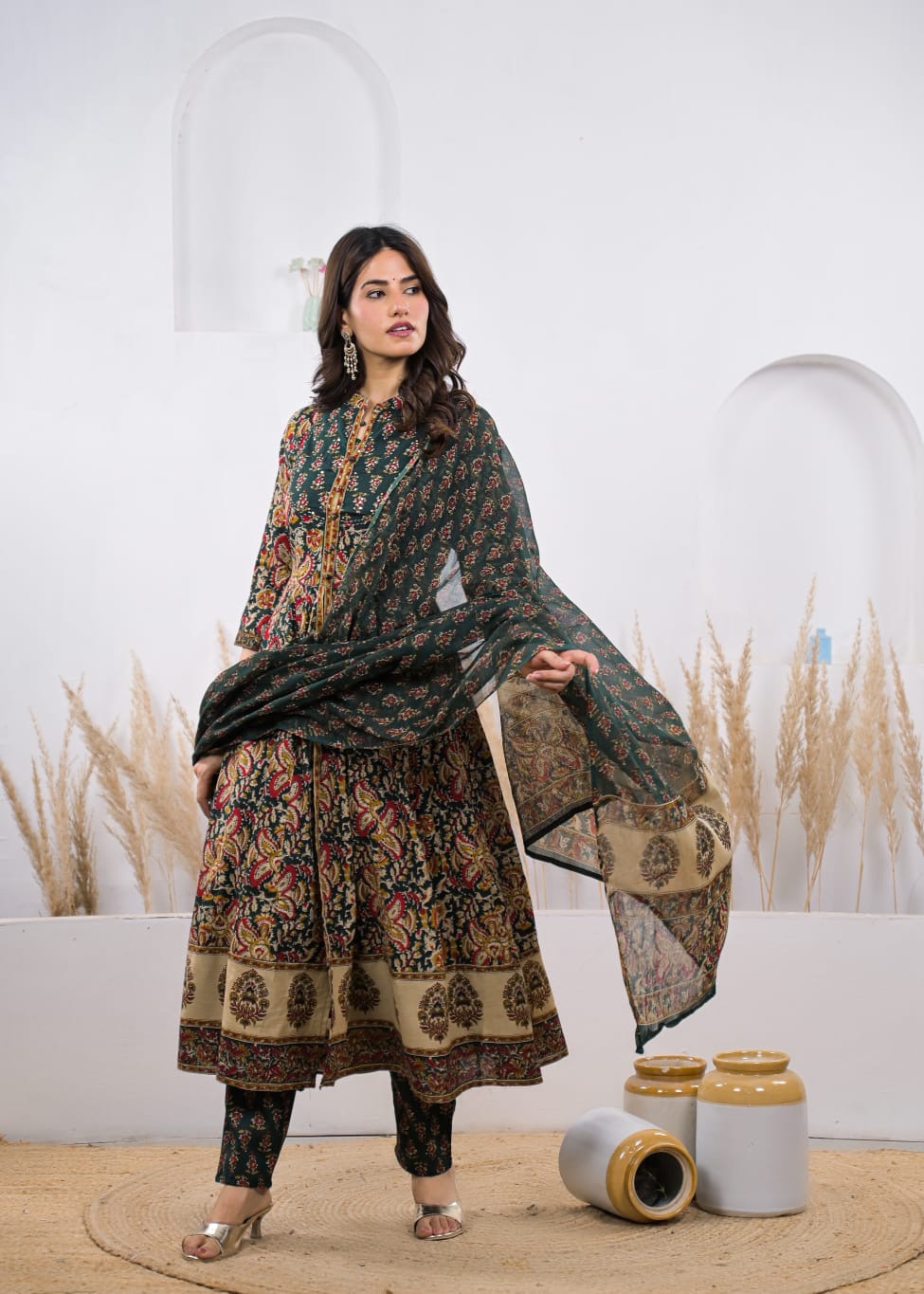 Savi Sizary Women's Elegant Green Printed Anarkali Kurta Set with Dupatta | Ethnic Suit Set | Festive, Wedding & Party Wear