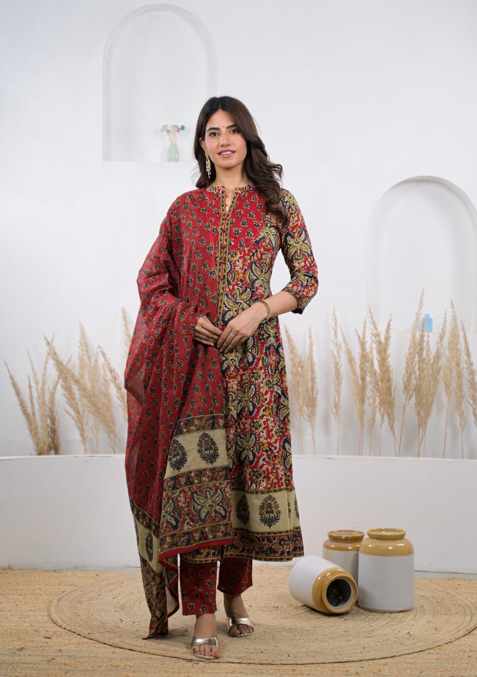 Women's Red Printed Kurta Pant & Dupatta Set