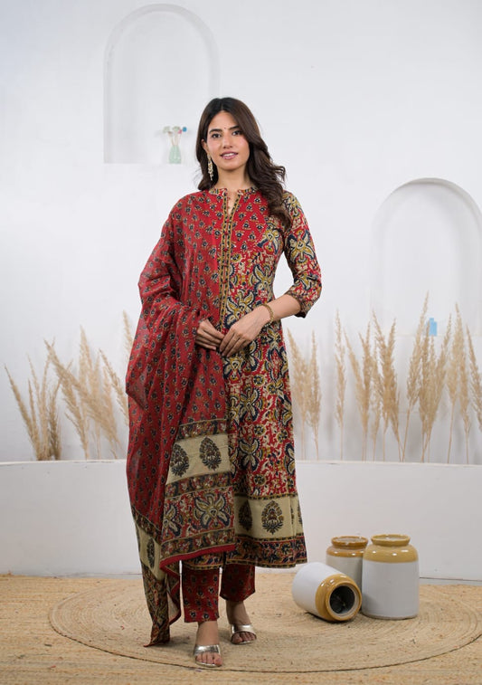 Women's Red Printed Kurta Pant & Dupatta Set