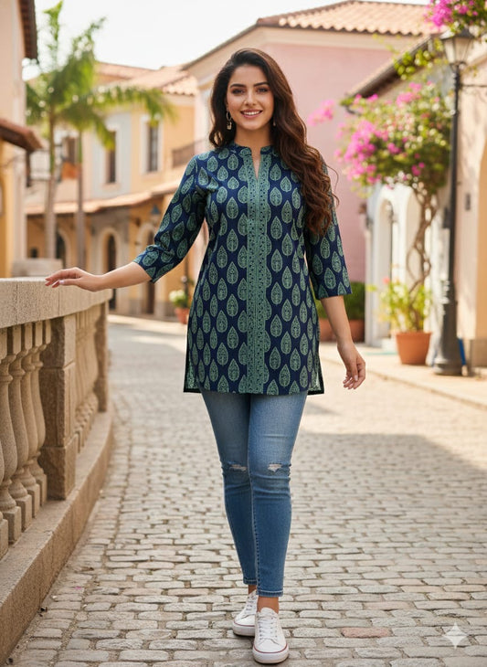 Women's Navy Blue Printed Straight Kurti | Cotton Blend Casual Kurti with 3/4 Sleeves | Office, Daily & Ethnic Wear | Savi Sizary