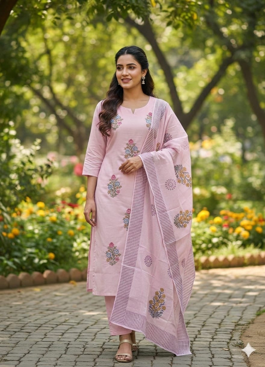 Women's Pink Floral Embroidered Cotton Kurta Pant with Dupatta Set