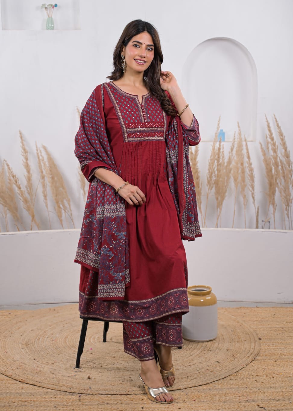 Savi Sizary Women's Maroon Printed Kurta Pant Dupatta Set | Elegant Ethnic Suit Set | Festive, Wedding, Office & Party Wear