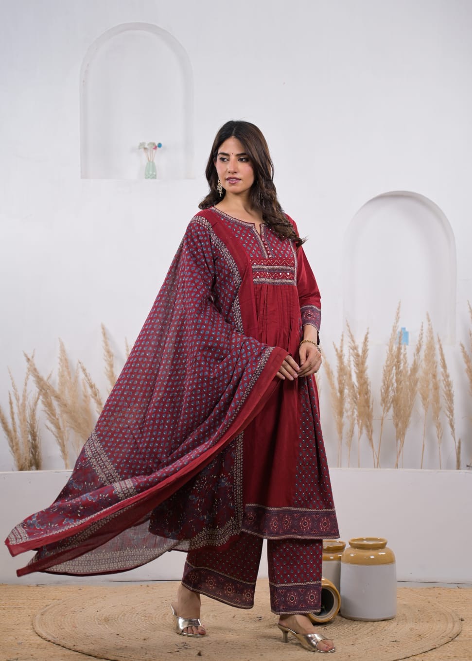 Savi Sizary Women's Maroon Printed Kurta Pant Dupatta Set | Elegant Ethnic Suit Set | Festive, Wedding, Office & Party Wear