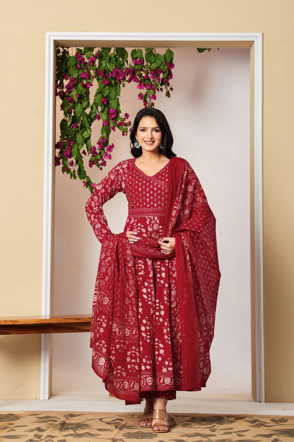 Savi Sizary Women's Maroon Printed Anarkali Kurta Set with Dupatta | Cotton Blend Ethnic Suit Set | Festive, Wedding, Party & Traditional Wear