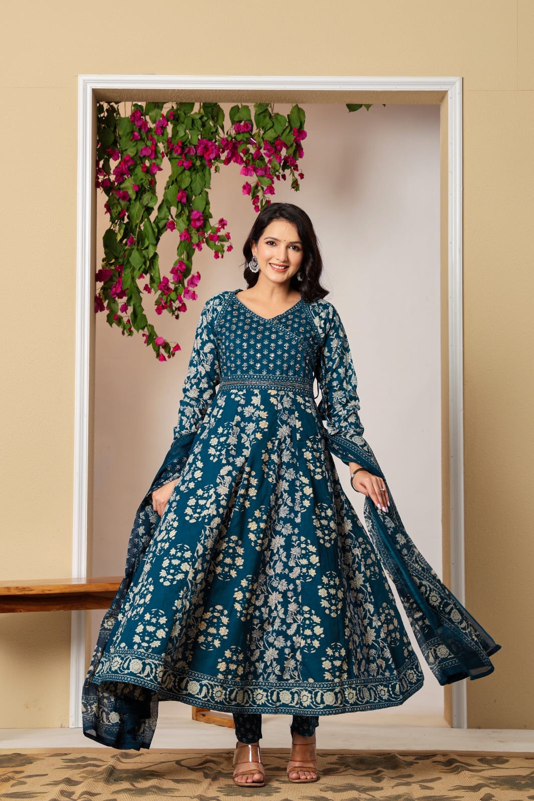 Women's Teal Blue Floral Printed Anarkali Kurta Pant & Dupatta Set