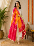 Savi Sizary Women's Orange & Rani Pink Bandhani Printed Dupatta with Golden Border | Traditional Ethnic Dupatta | Festive, Wedding & Rajasthani Wear