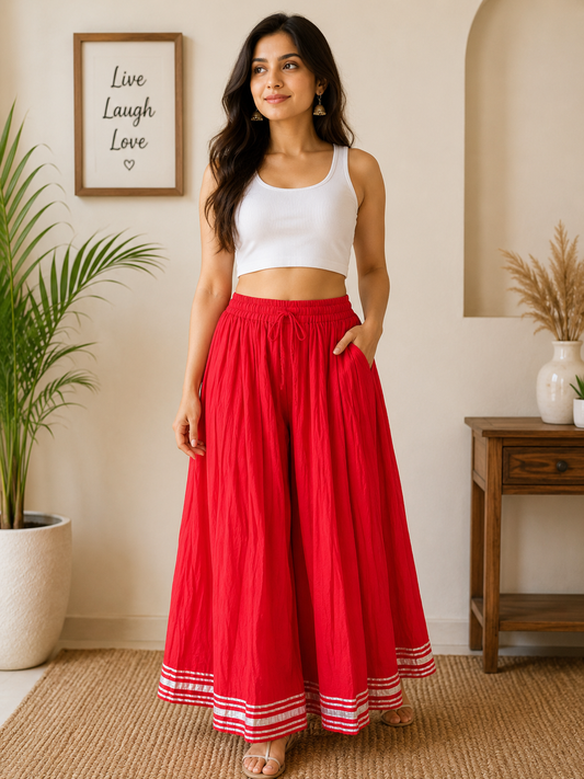 Women's Cotton Blend Flared Palazzo Pants | Wide Leg Palazzo Divider for Women | Comfortable Casual Ethnic Bottom Wear | Savi Sizary