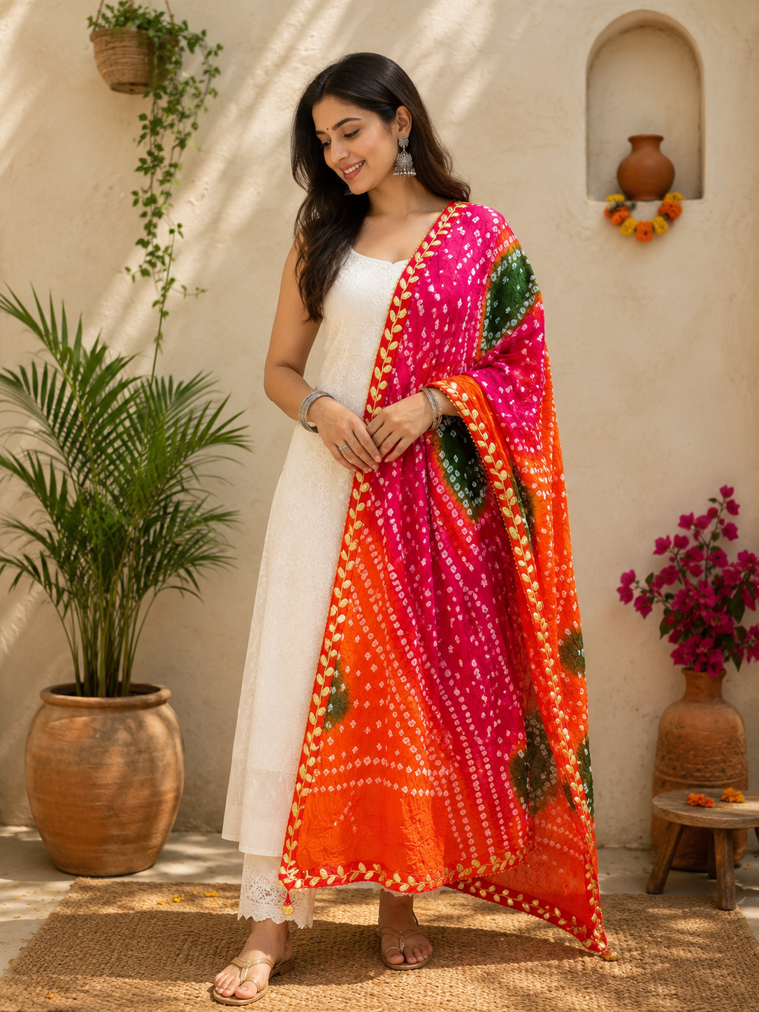 Savi Sizary Women's Pink & Orange Bandhani Printed Dupatta with Golden Gota Lace Border