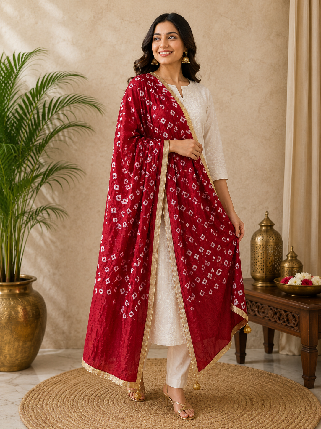 Savi Sizary Women's Maroon Bandhani Printed Dupatta with Golden Border & Tassel Detailing | Premium Ethnic Dupatta | Wedding & Festive Wear