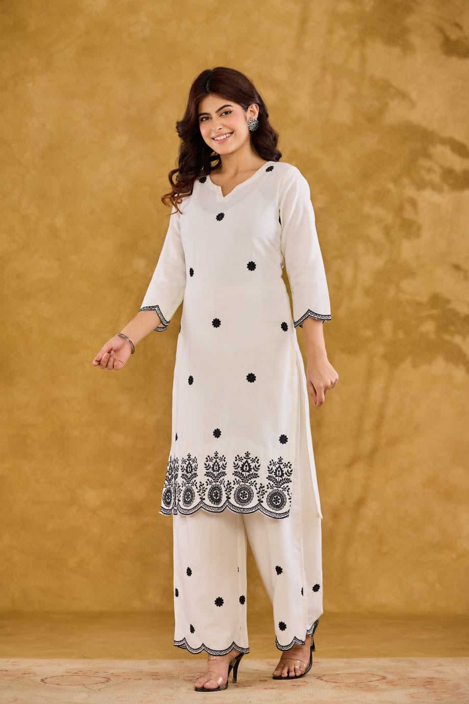 Women's White Embroidered Kurta Palazzo Set | Elegant Ethnic Co-Ord Set