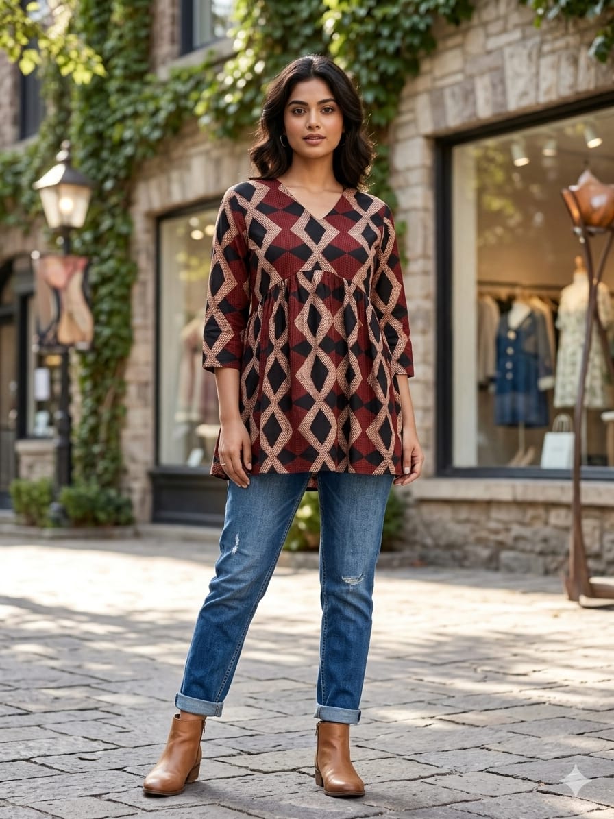 Women's Maroon & Black Geometric Printed Rayon Peplum Top | V-Neck Casual Tunic | 3/4 Sleeves