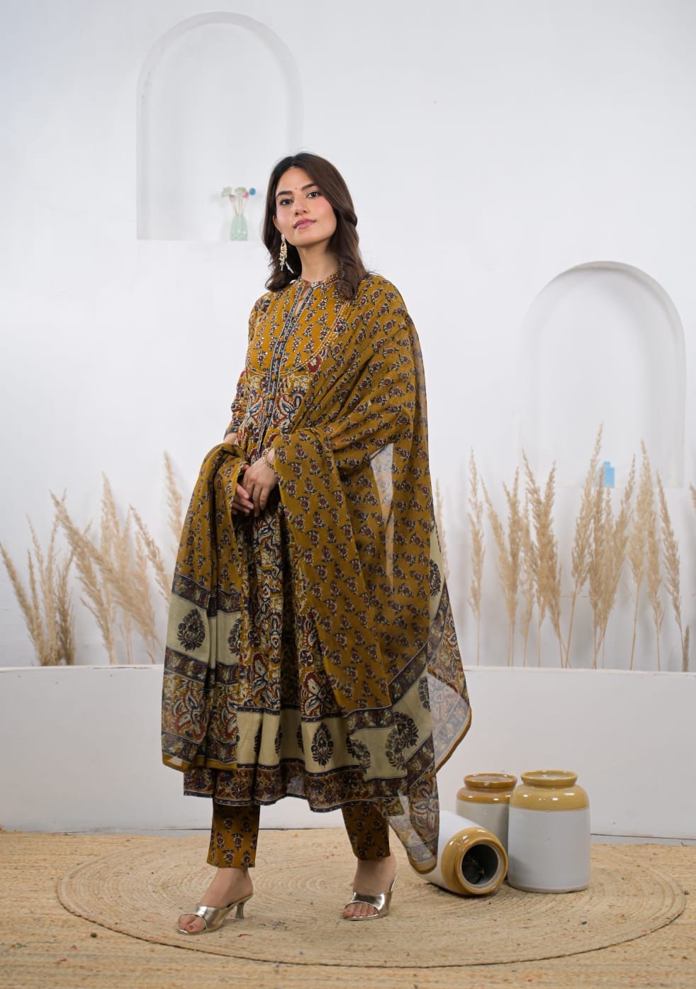 Savi Sizary Women's Mustard Yellow Printed Kurta Pant Dupatta Set | Elegant Ethnic Suit Set | Festive, Wedding, Office & Casual Wear