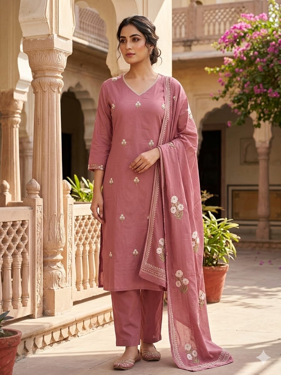 Savi Sizary Women's Cotton Blend Embroidered Kurta Pant with Dupatta Set | Elegant Ethnic Wear for Women | Festive, Office & Casual Wear