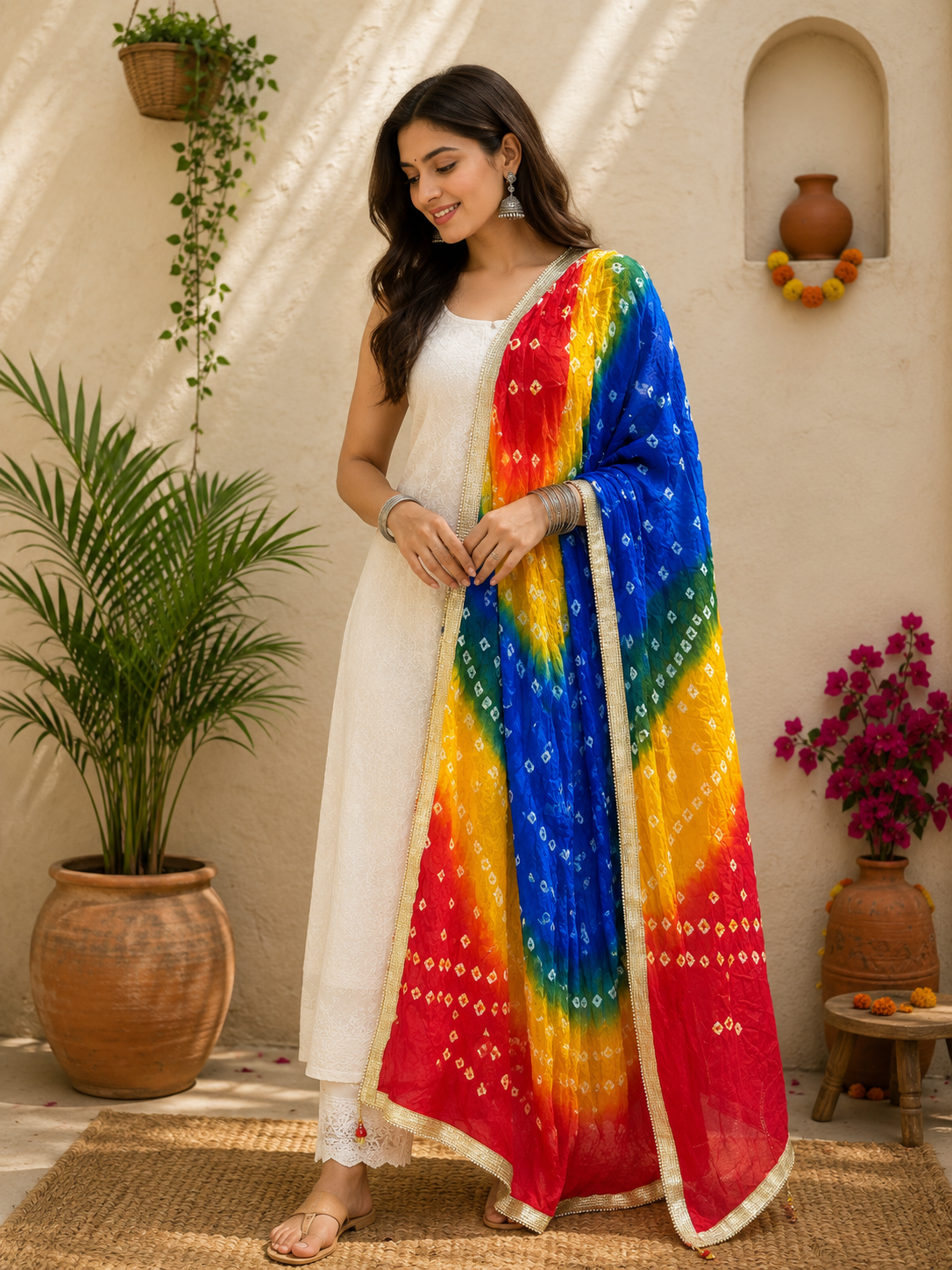 Savi Sizary Women's Multicolor Bandhani Printed Dupatta with Golden Lace Border | Traditional Ethnic Dupatta for Kurti, Salwar Suit & Festive Wear