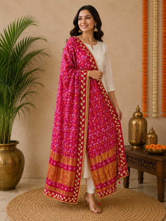 Women's Pink Bandhani Printed Dupatta with Golden Woven Border | Festive Ethnic Dupatta