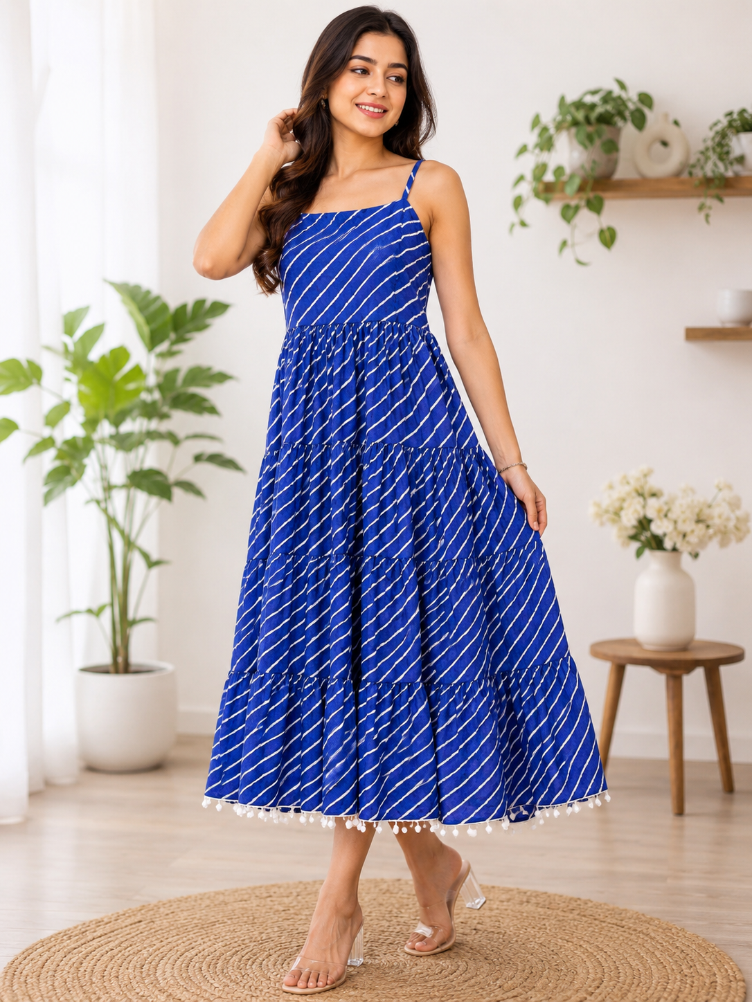 Women's Blue Leheriya Print Tiered Cotton Midi Dress with Shoulder Straps