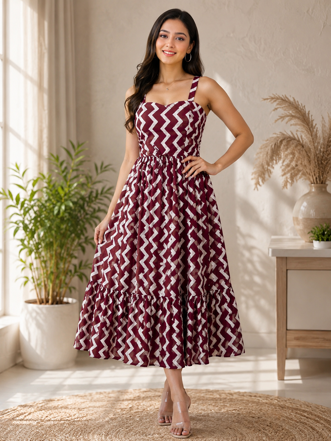 Women's Maroon Zigzag Print Maxi Dress | Stylish Sleeveless Cotton Casual Dress | Savi Sizary
