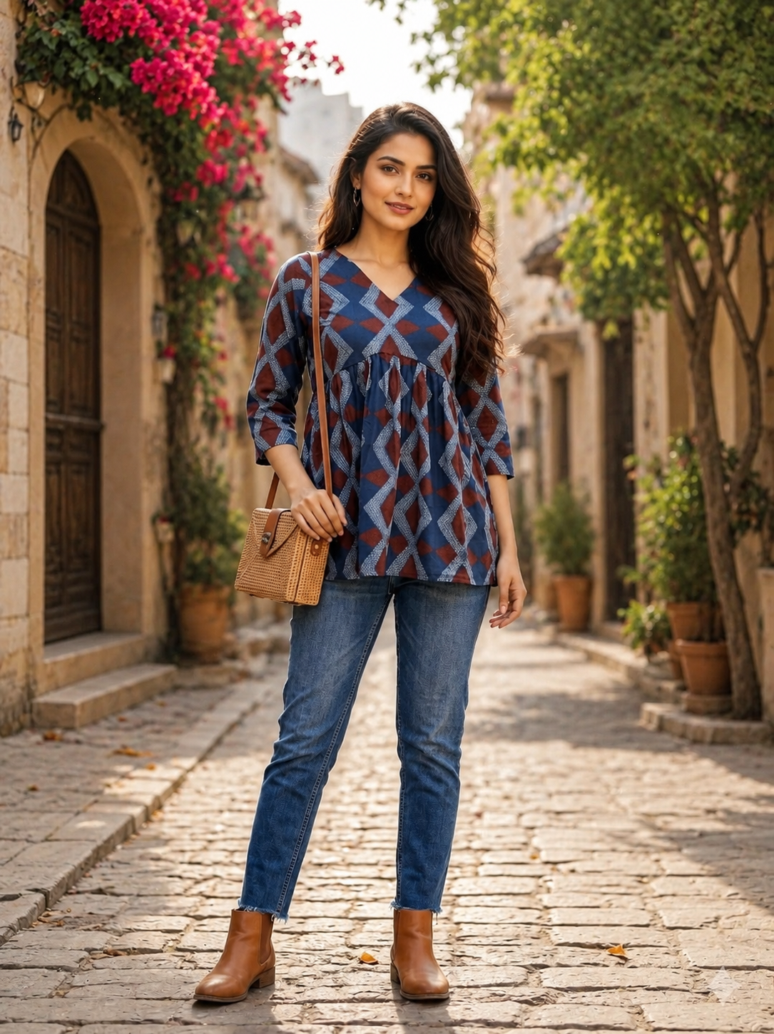 Women's Blue Geometric Printed Rayon Peplum Top | Casual 3/4 Sleeve Tunic