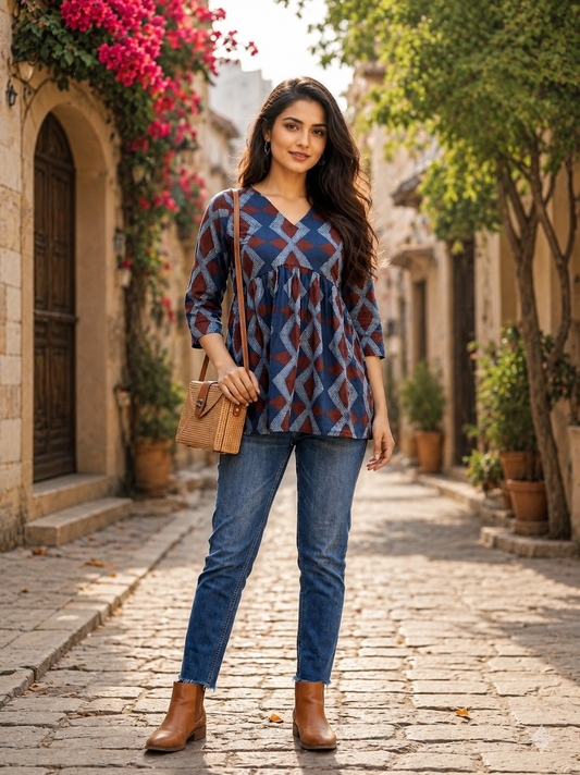 Women's Blue Geometric Printed Rayon Peplum Top | Casual 3/4 Sleeve Tunic