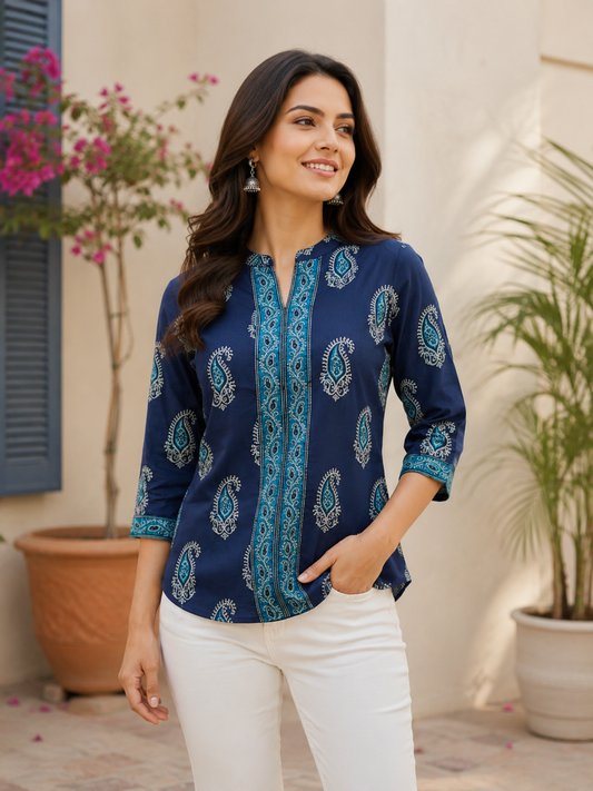 Women's Navy Blue Paisley Printed Cotton Top | Mandarin Collar Casual Tunic with 3/4 Sleeves | Office, Daily & Ethnic Wear | Savi Sizary