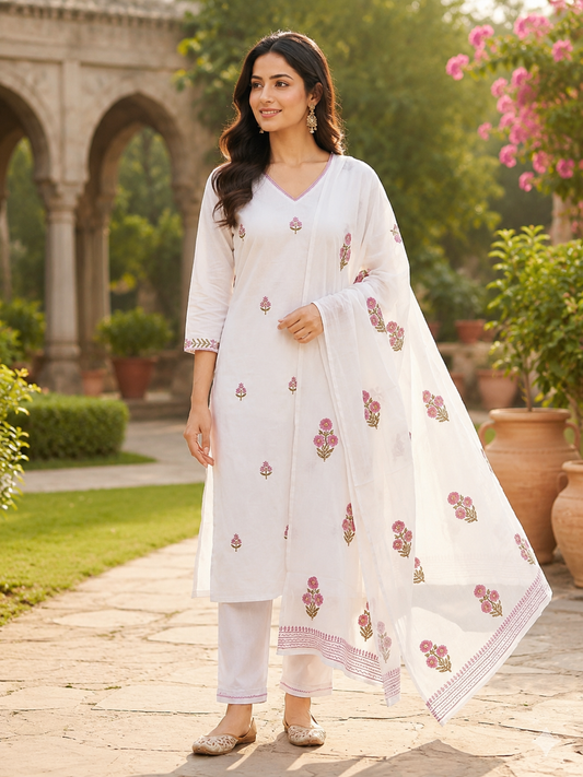 Women's White Cotton Floral Embroidered Kurta Pant & Dupatta Set | Premium Ethnic Wear for Women | Festive, Office & Casual Wear | Savi Sizary
