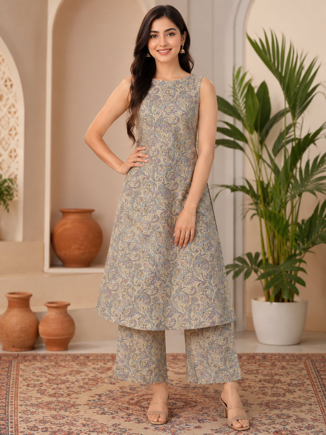 Savi Sizary Women's Beige Paisley Printed A-Line Kurta with Palazzo Pant Set | Elegant Ethnic Kurta Set | Casual, Office, Festive & Party Wear