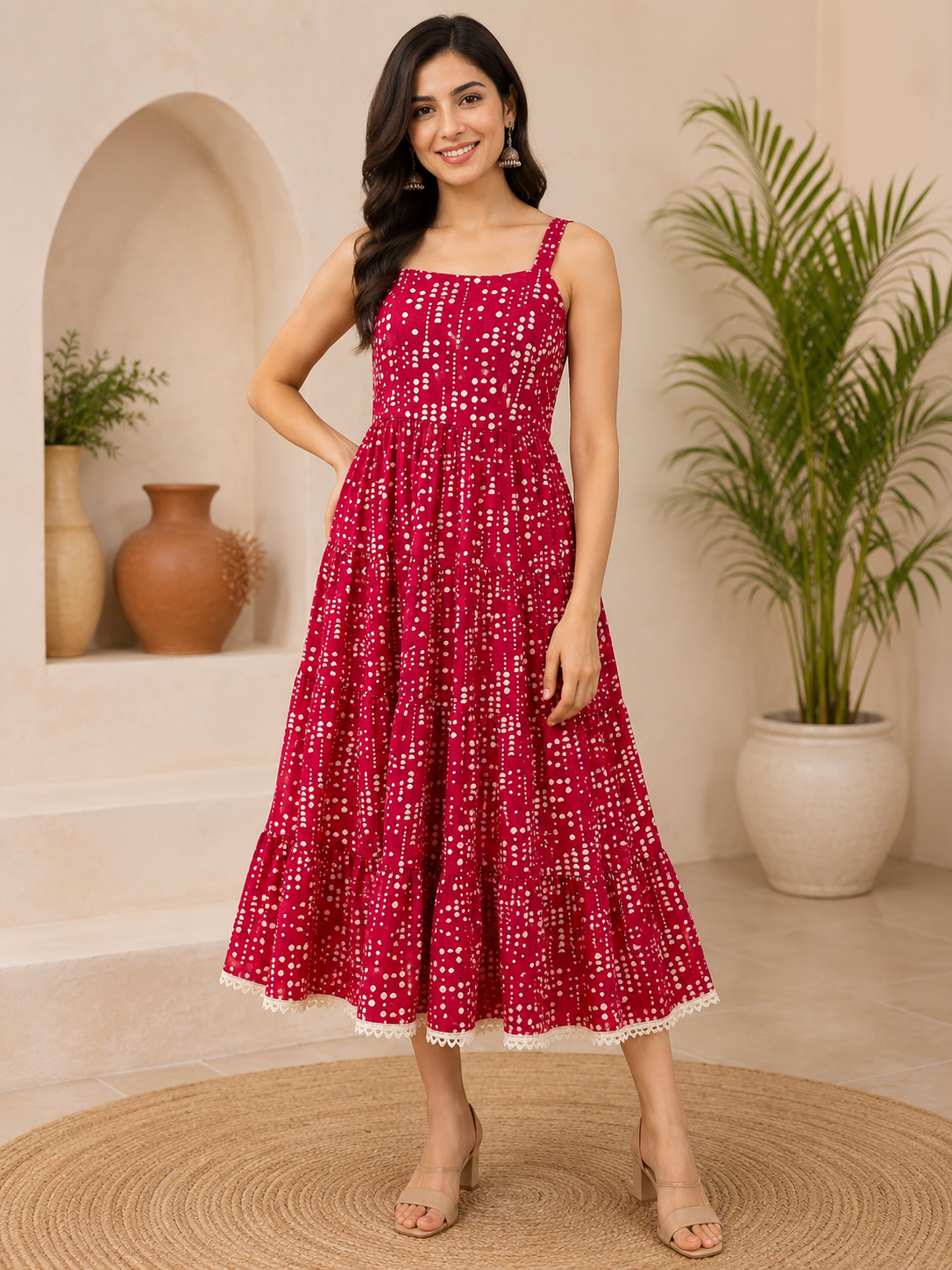 Savi Sizary Women's red Printed Tiered Midi Dress