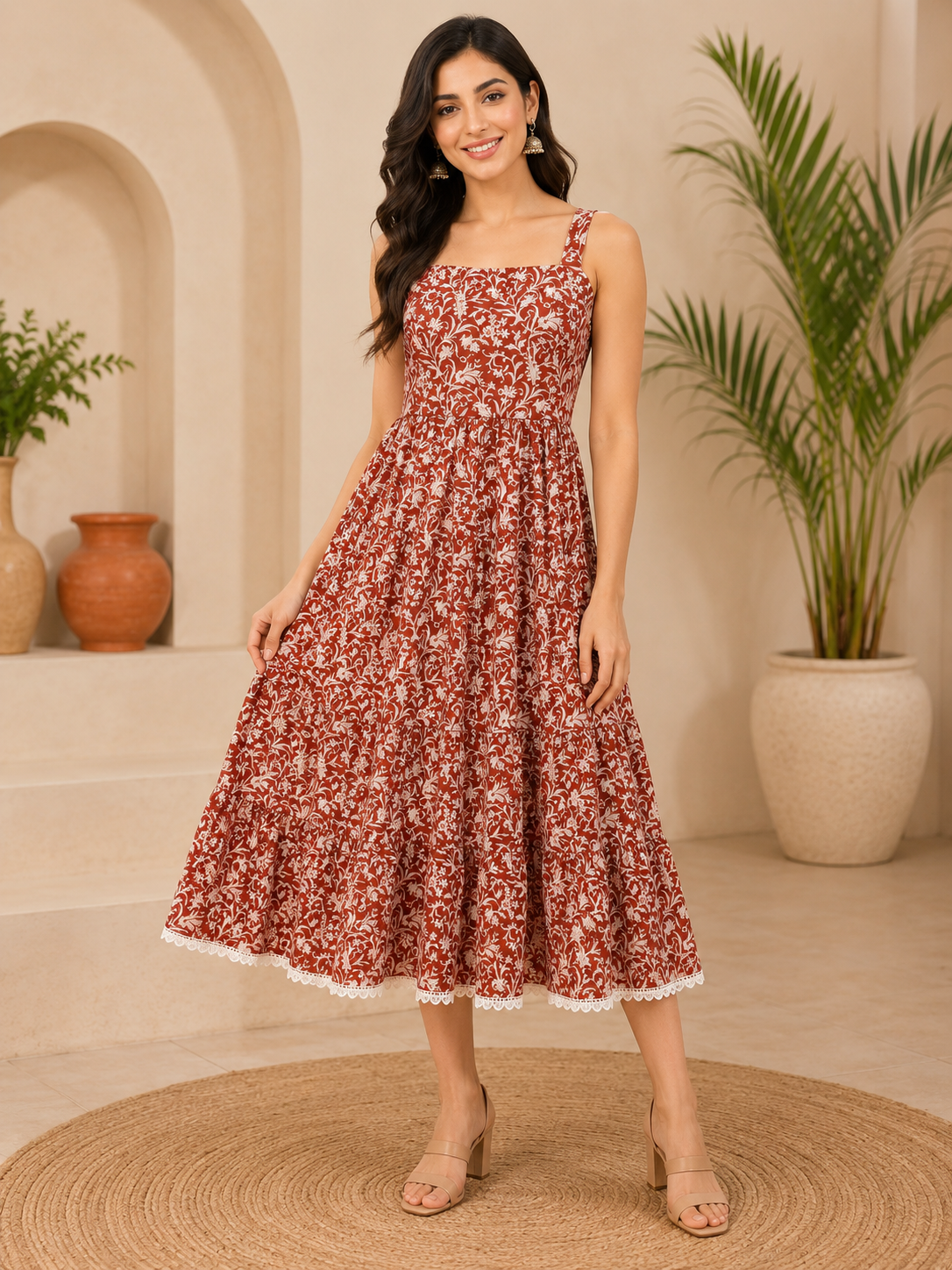 Savi Sizary Women's Rust Floral Printed Tiered Midi Dress