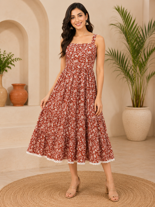 Savi Sizary Women's Rust Floral Printed Tiered Midi Dress