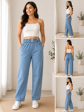 Savi Sizary Women's Light Blue Denim Straight Fit Pants | High Waist Elastic Waist Casual Denim Trousers | Office, Travel & Everyday Wear