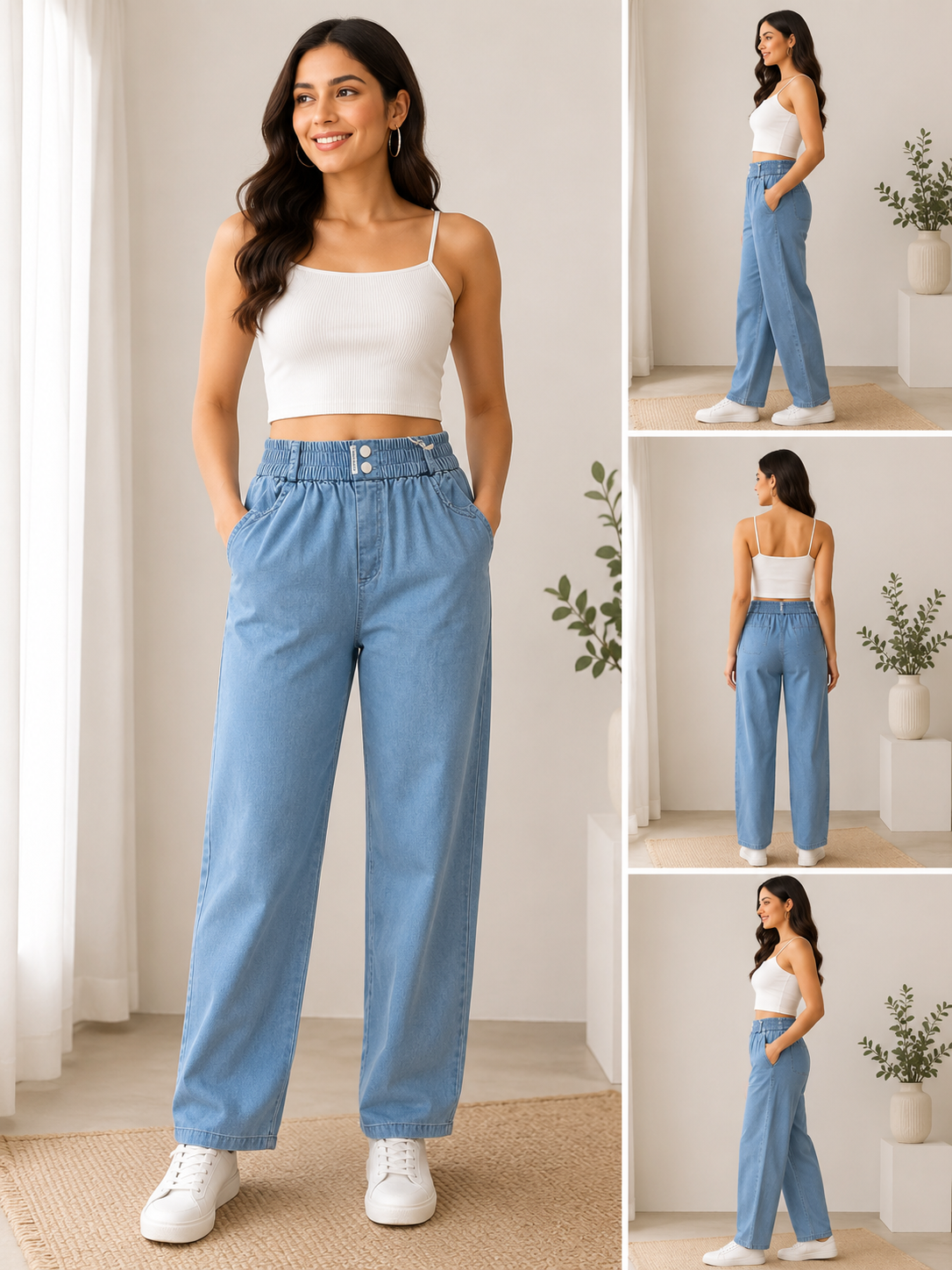 Savi Sizary Women's Light Blue Denim Straight Fit Pants | High Waist Elastic Waist Casual Denim Trousers | Office, Travel & Everyday Wear