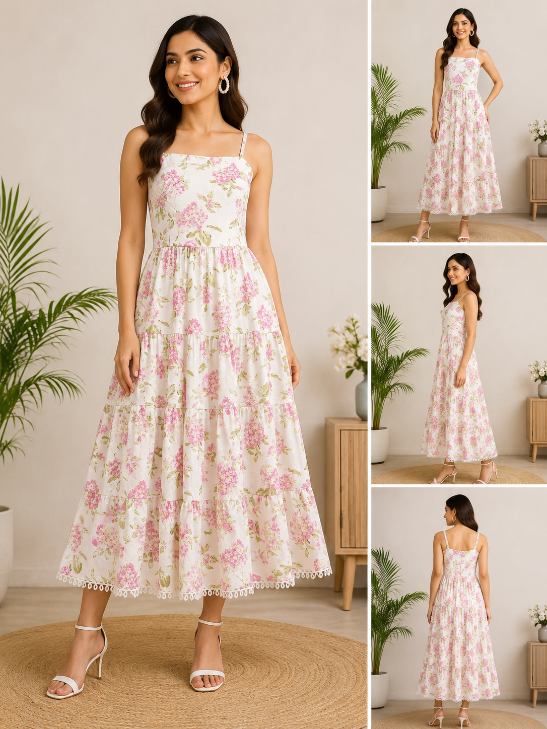 Women's White Floral Printed Tiered Maxi Dress | Sleeveless Summer Dress