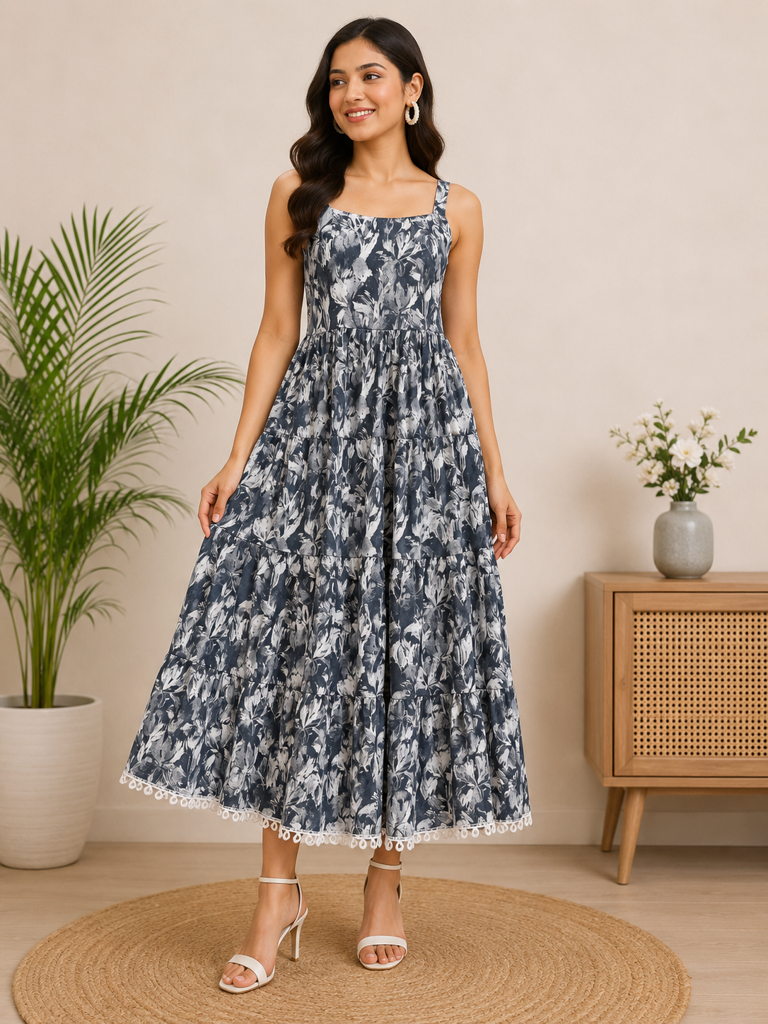 Savi Sizary Women's Grey Floral Printed Tiered Cotton Maxi Dress | Sleeveless Summer Dress | Casual, Vacation, Beach & Party Wear