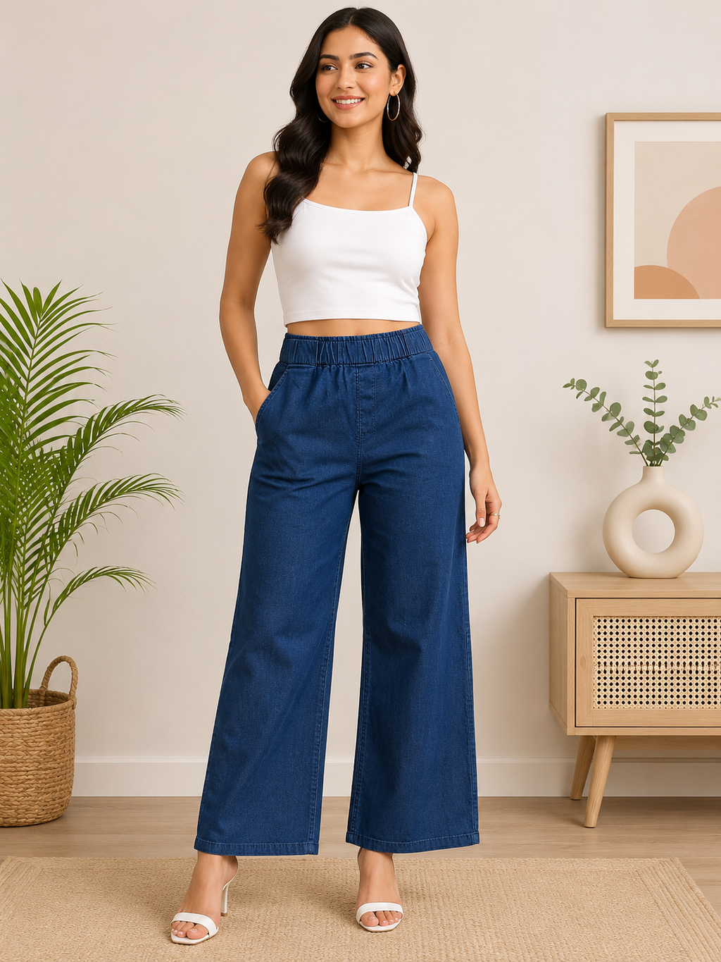 Savi Sizary Women's Blue Denim Wide Leg Palazzo Pants | High Waist Elastic Waist Casual Palazzo | Comfortable Daily, Office & Travel Wear