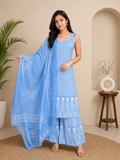 Savi Sizary Women's Sky Blue Embroidered Kurta Palazzo Set with Dupatta | Elegant Ethnic Suit Set | Festive, Wedding, Office & Party Wear